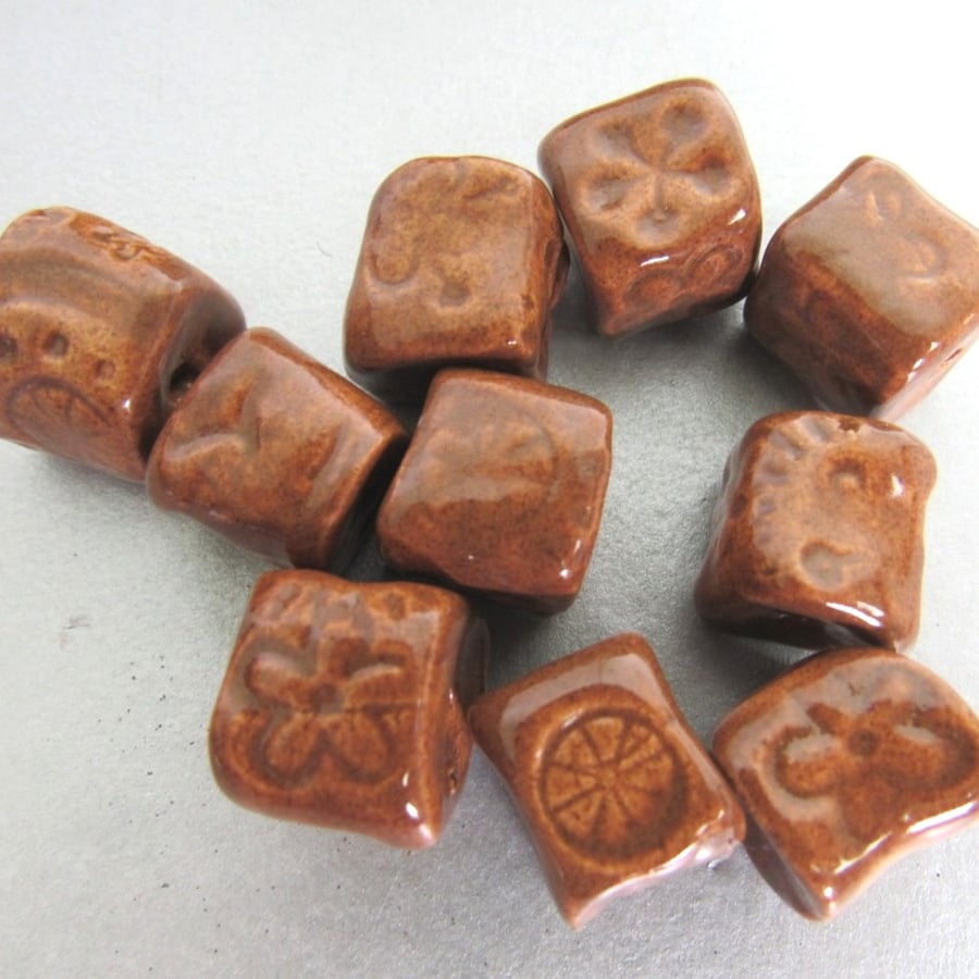 10 Small Brown Glazed Cube Clay Beads