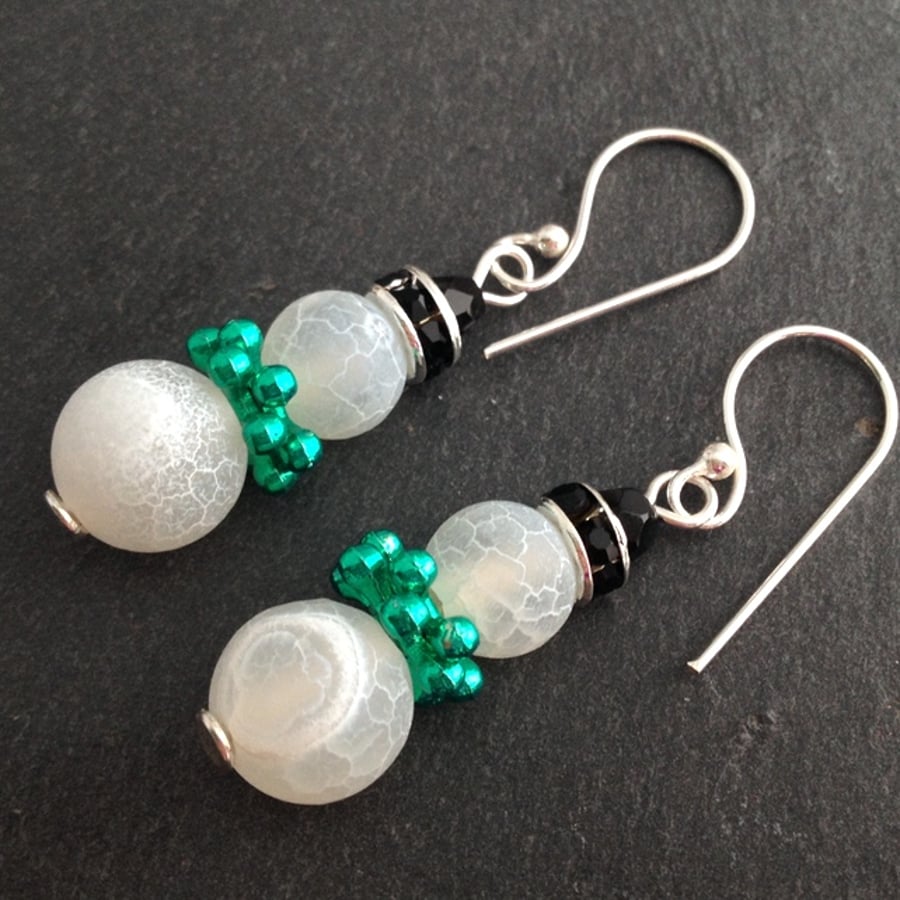 Frosted Agate Snowman Earrings With Green Scarf