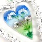 Glass Heart with Pretty Cow Parsley mounted in Wicker Heart