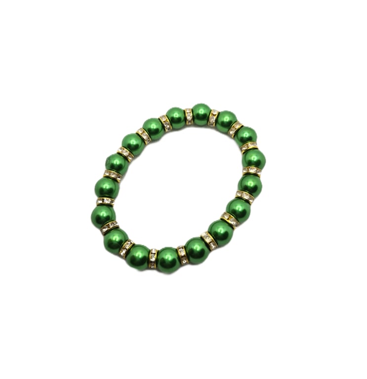 Green faux pearl and crystal rondelle stretchy bracelet