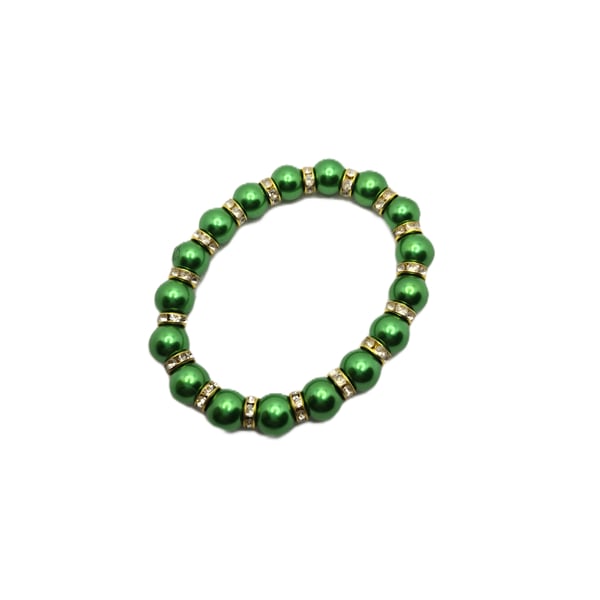Green faux pearl and crystal rondelle stretchy bracelet