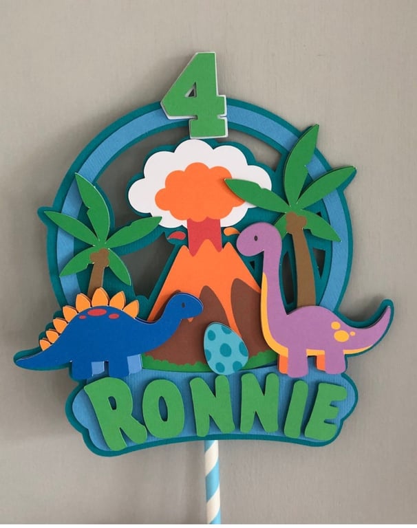 Dinosaur Volcano Personalised Birthday Cake Topper. 