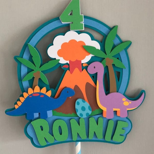 Dinosaur Volcano Personalised Birthday Cake Topper. 