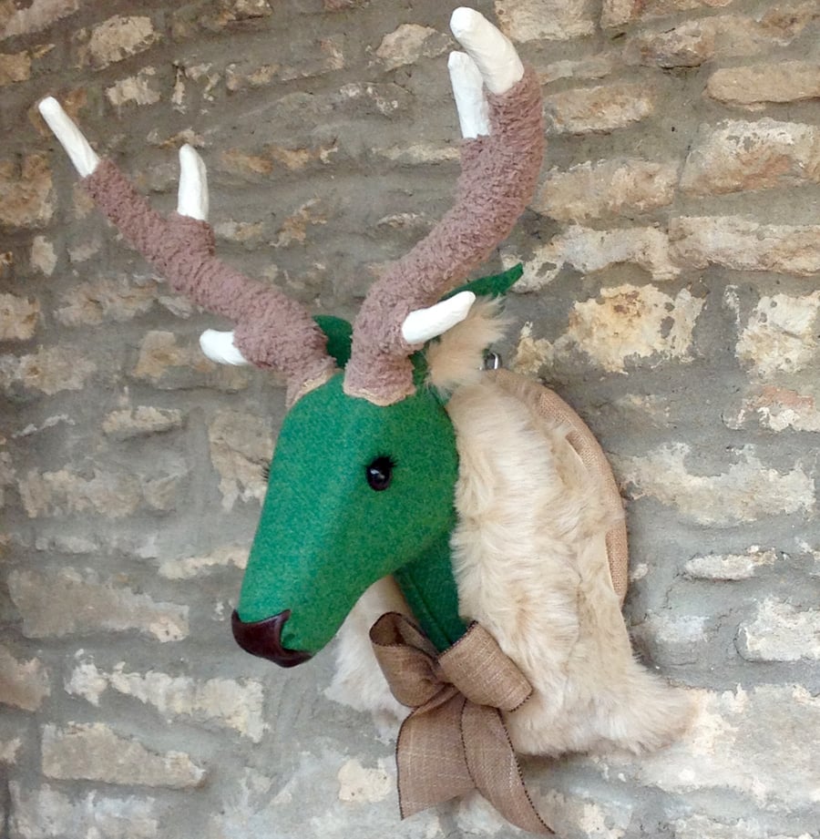 Faux taxidermy Harris tweed vibrant green deer stag wall mounted animal head