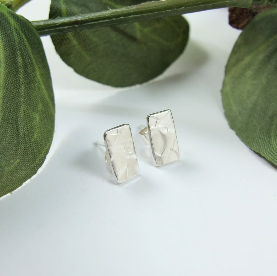 Sterling Silver Studs, Textured Rectangle Silver Earrings