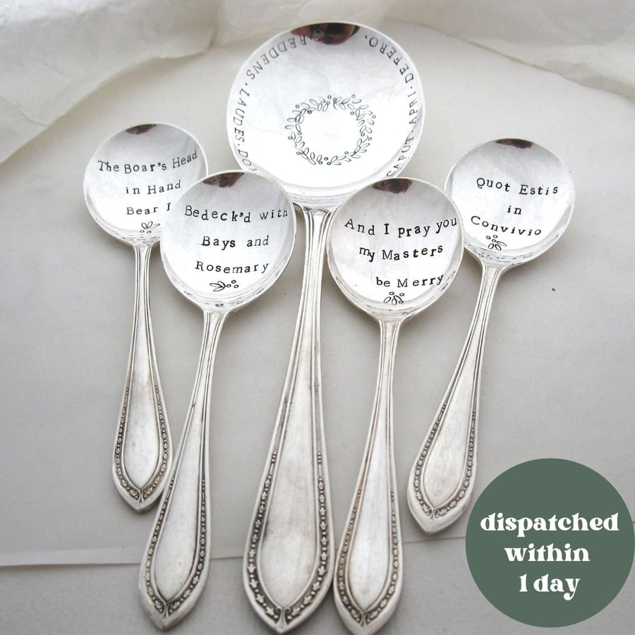 Boars Head Carol Spoons, set of 5, hand stamped vintage spoons for Xmas