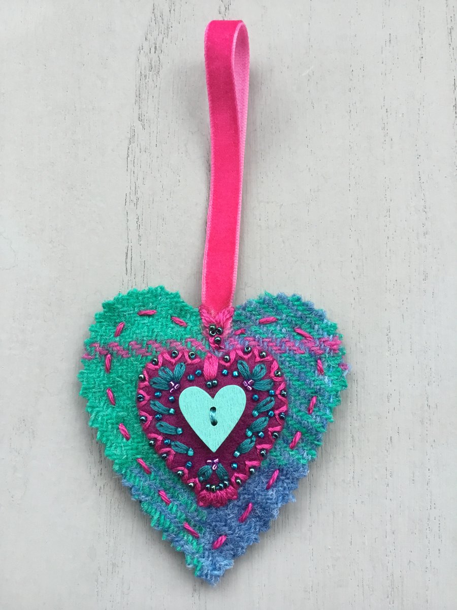 Hand Embroidered Harris Tweed Heart Hanging Decoration 