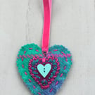 Hand Embroidered Harris Tweed Heart Hanging Decoration 