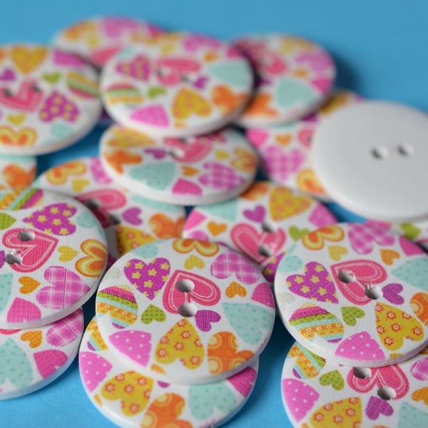 30mm Wooden Colourful Printed Heart Buttons 6pk Large Button (RLG4)