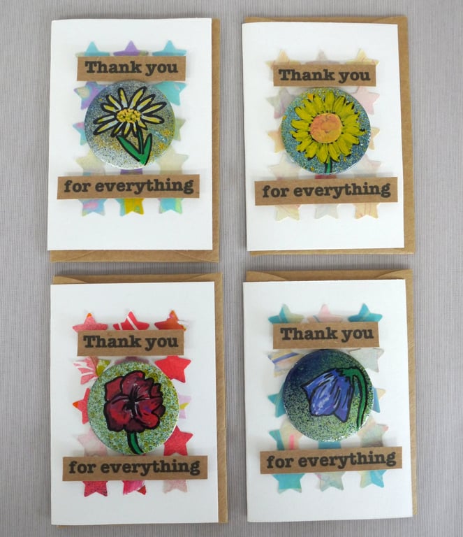 4 x Badges, Flower Badges, Badge Cards, Thank You Cards, Keepsake Cards