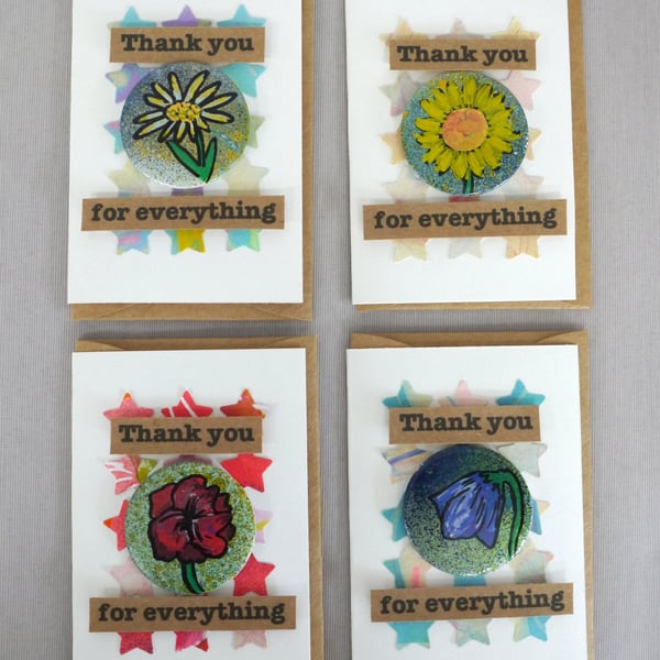 4 x Badges, Flower Badges, Badge Cards, Thank You Cards, Keepsake Cards
