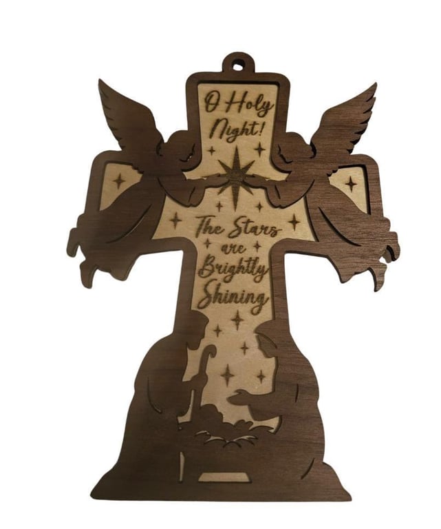 O Holy Night Nativity Cross Ornament Wooden Christian Christmas Decoration Laser
