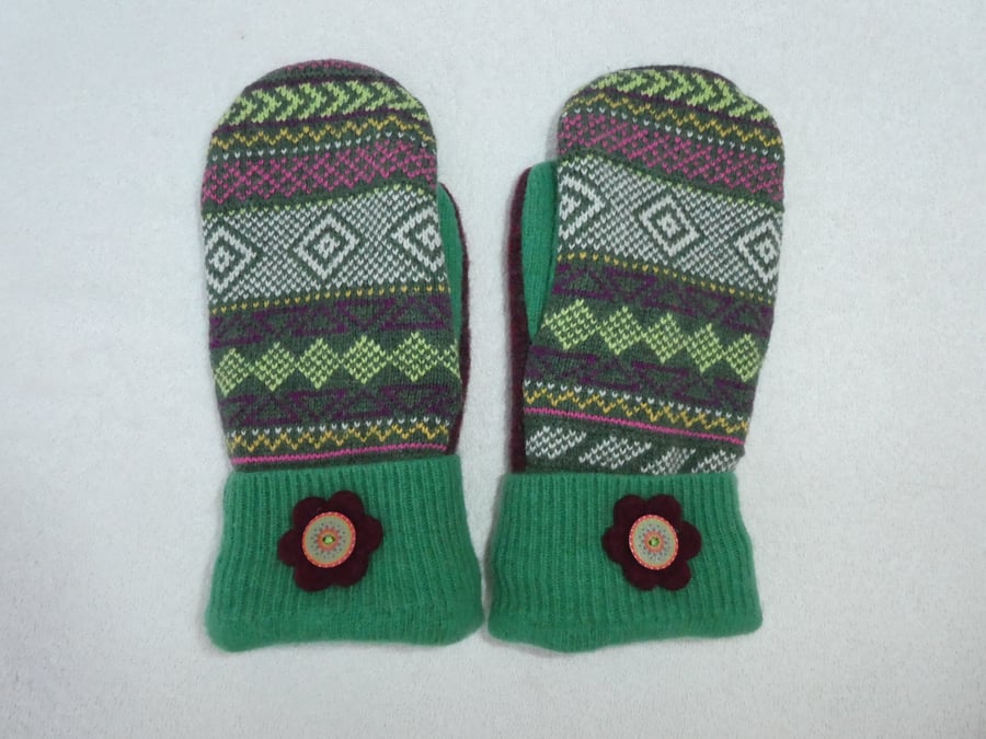 Mittens Created from Up-cycled Wool Jumpers.Fully Lined.Fair Isle Burgundy Thumb
