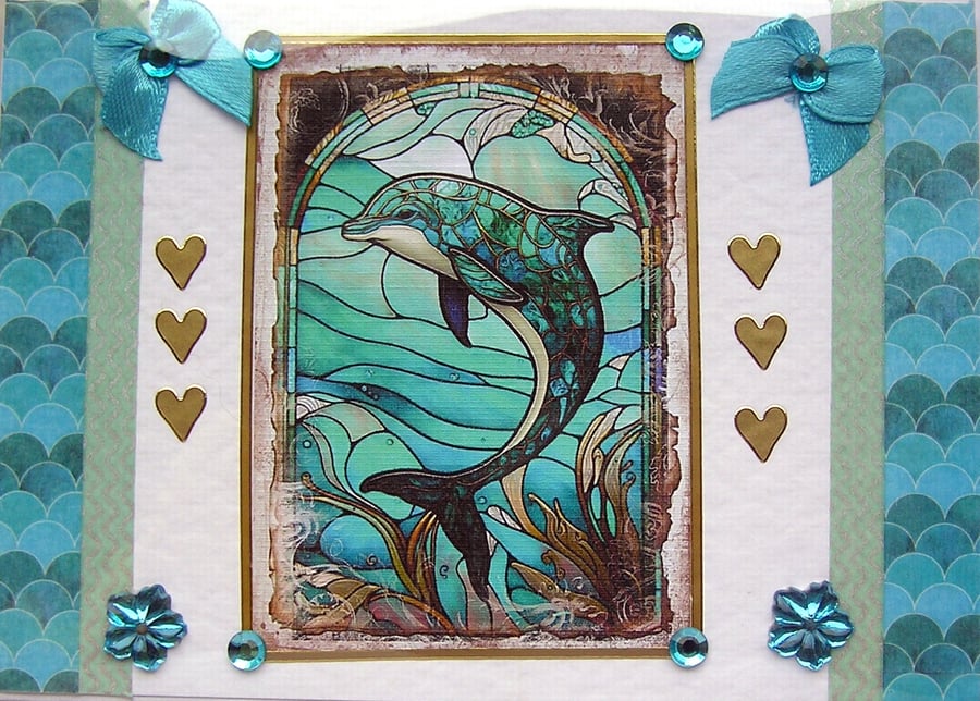 Dolphin Hand Crafted Decoupage Card - Blank for any Occasion (2610)