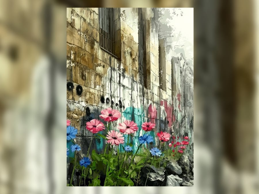 Urban Bloom, Vibrant Flowers Against a Weathered City Wall 5"x7" Matte Print