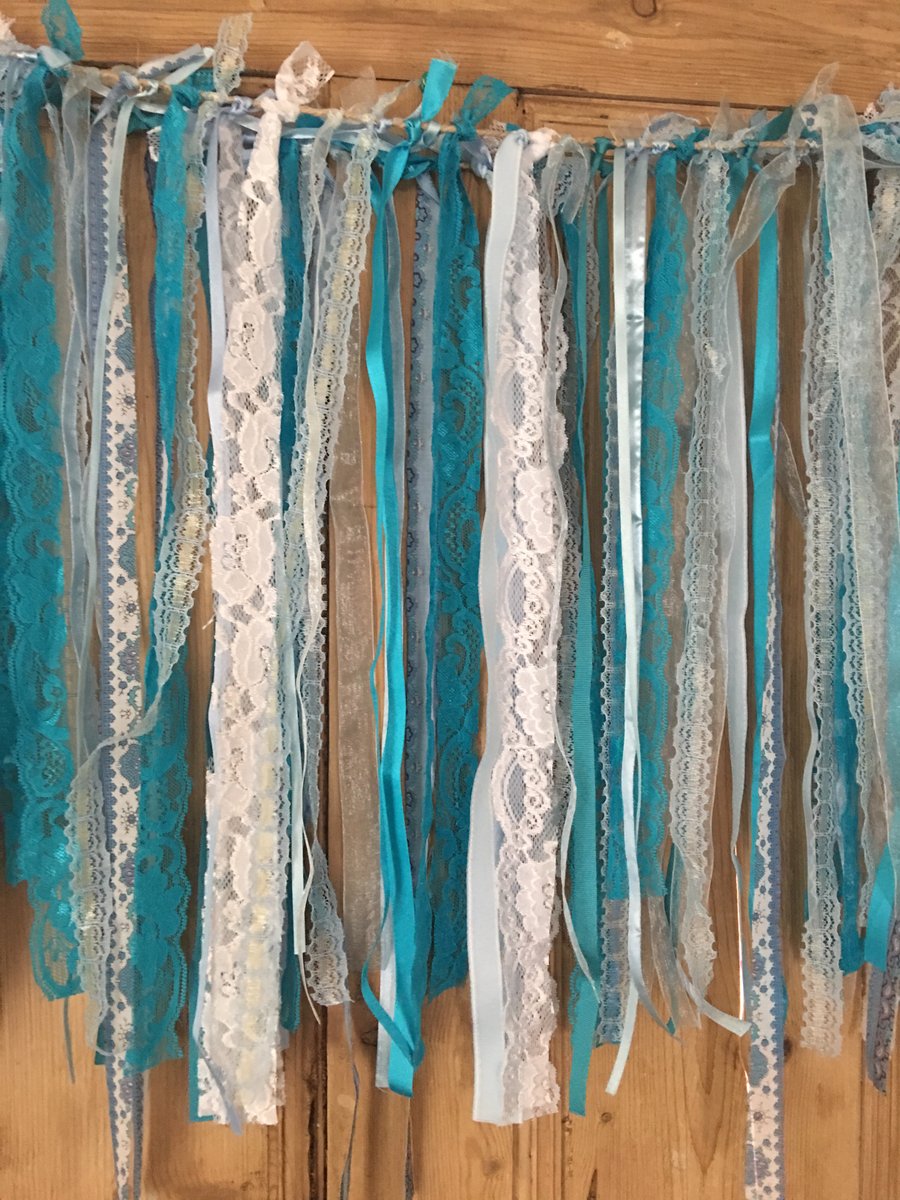 Aqua & blue Shabby chic boho lace & ribbon rag tie garland 