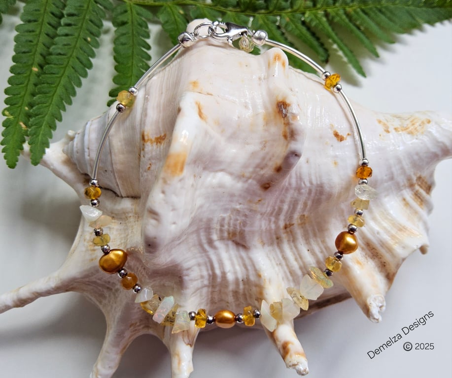 Dainty Ethiopian Wello Opal, Mexican Fire Opal, Freshwater Pearl 925 SS Bracelet