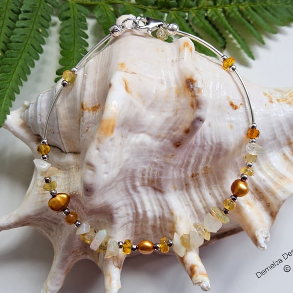 Dainty Ethiopian Wello Opal, Mexican Fire Opal, Freshwater Pearl 925 SS Bracelet