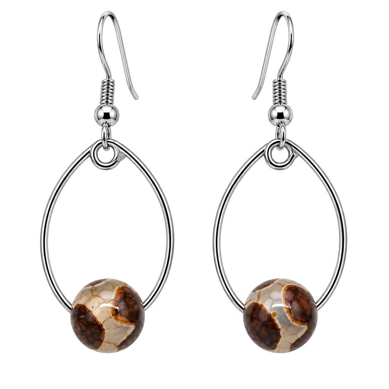 Dzi Style Agate Teardrop Earrings Brown Natural Stone Stainless Steel