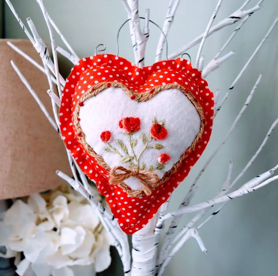 Hand-Embroidered Lavender Heart Decoration- Vintage Rose Hanging Ornament 