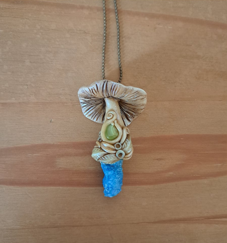 Aqua Aura Druzy with Peridot Crystal and Polymer Clay Mushroom Amulet Pendant
