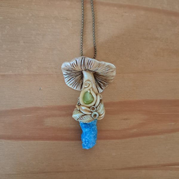 Aqua Aura Druzy with Peridot Crystal and Polymer Clay Mushroom Amulet Pendant