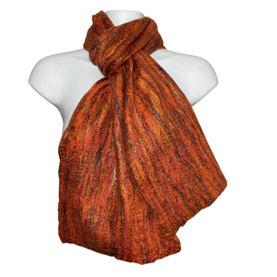 Felted merino wool scarf in orange with multicoloured sari silk fibres