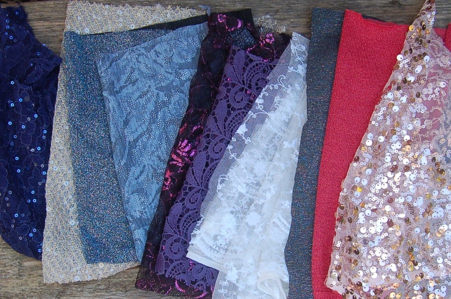 Sparkles and lace reclaimed fabric for slow stitching applique 