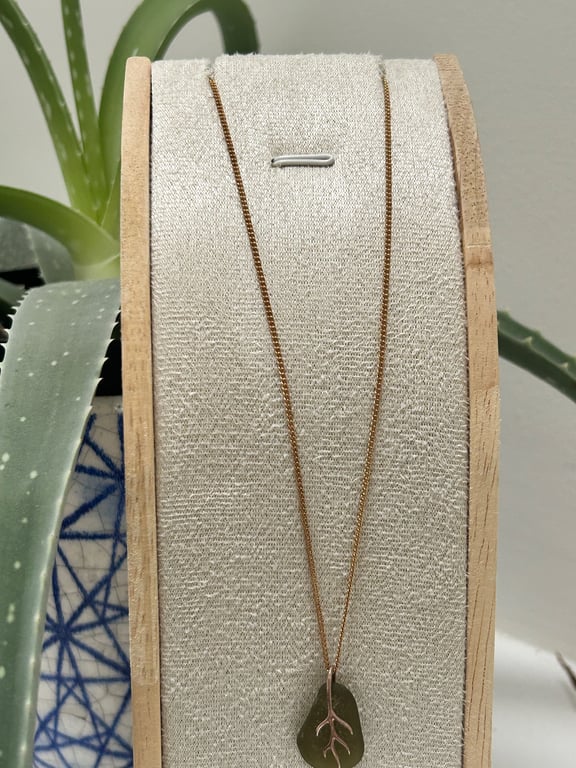 Green seaglass and coral pendant 14 carat gold filled