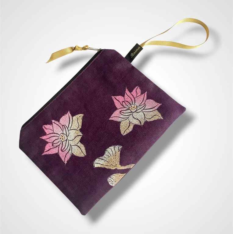 Purple Linen Lotus Flower Zip-Up Pouch