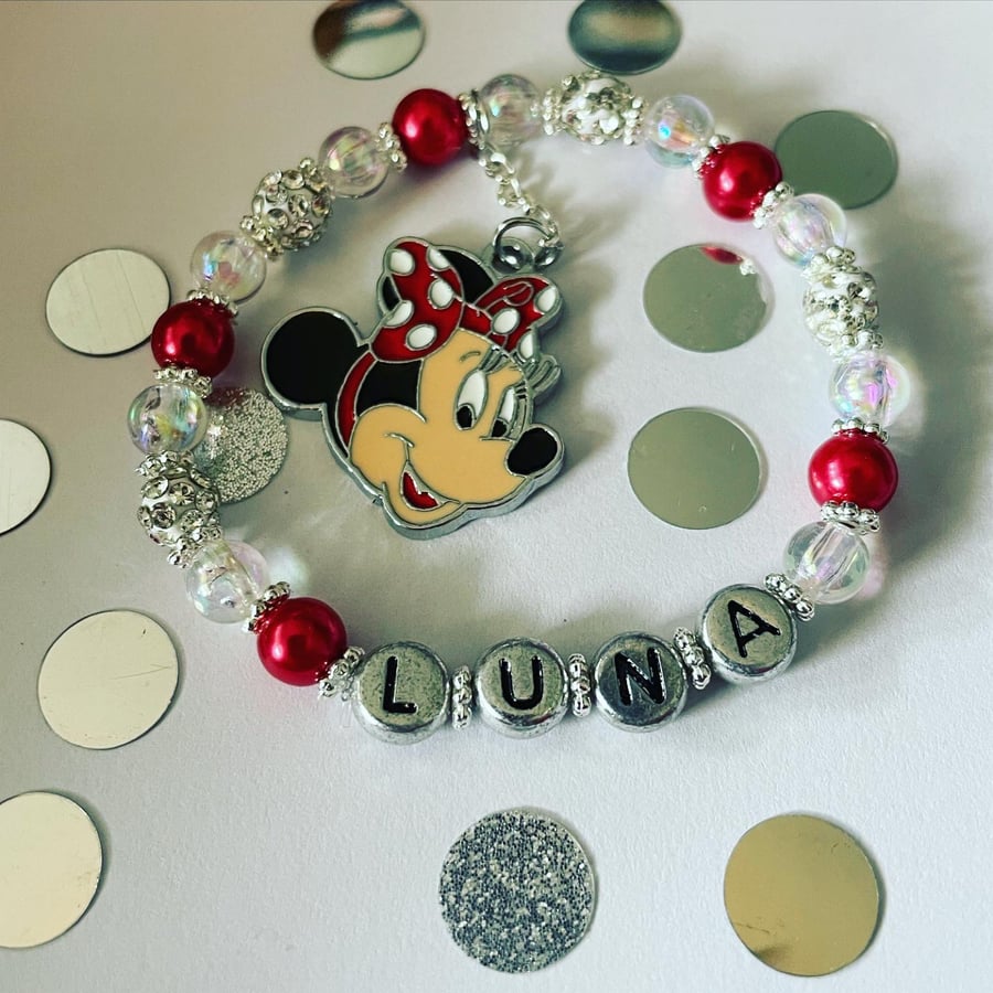 Personalised minnie mouse red and shamballa bead bracelet any size 