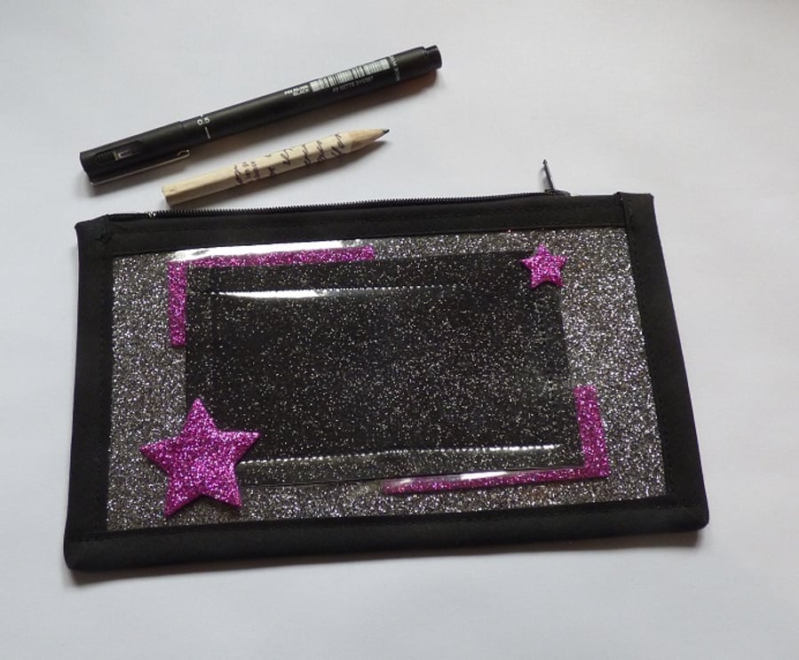 Black, silver and pink star pencil case
