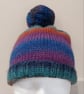Handknit Bobble Hat 100% wool Blue Green Rust MED - Image 5