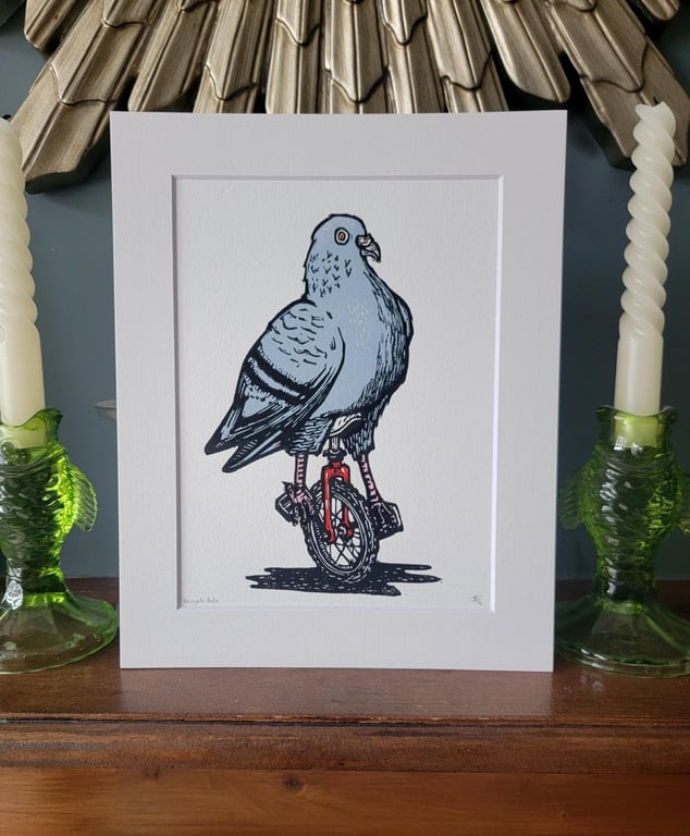 Unicycle Pete - handmade original linocut pigeon bird art print