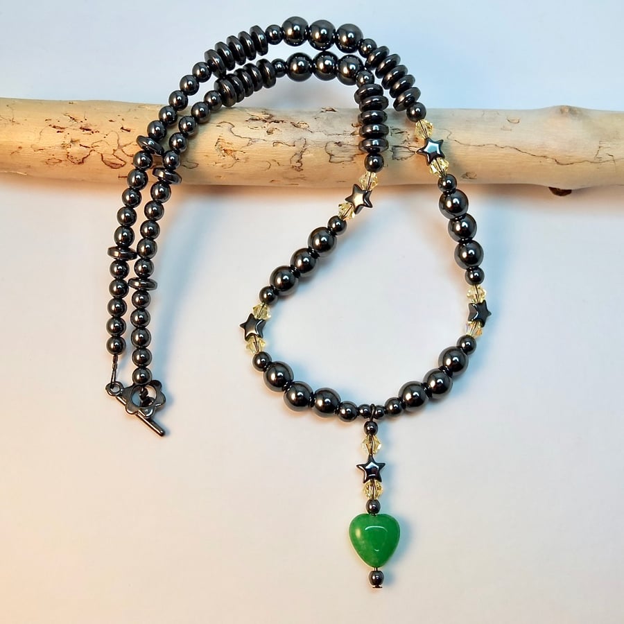 Jade Heart And Hematite Necklace With Swarovski Crystals - Handmade In Devon