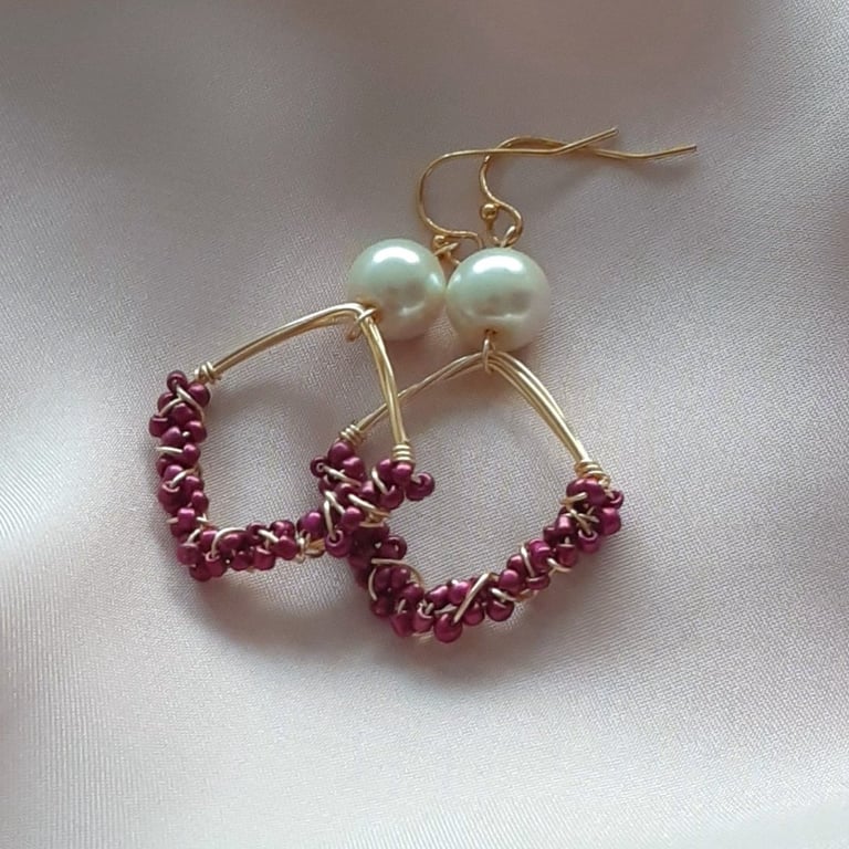Purple Square Wire-Wrapped Beaded Earrings – Handmade Statement Jewellery, Gift 