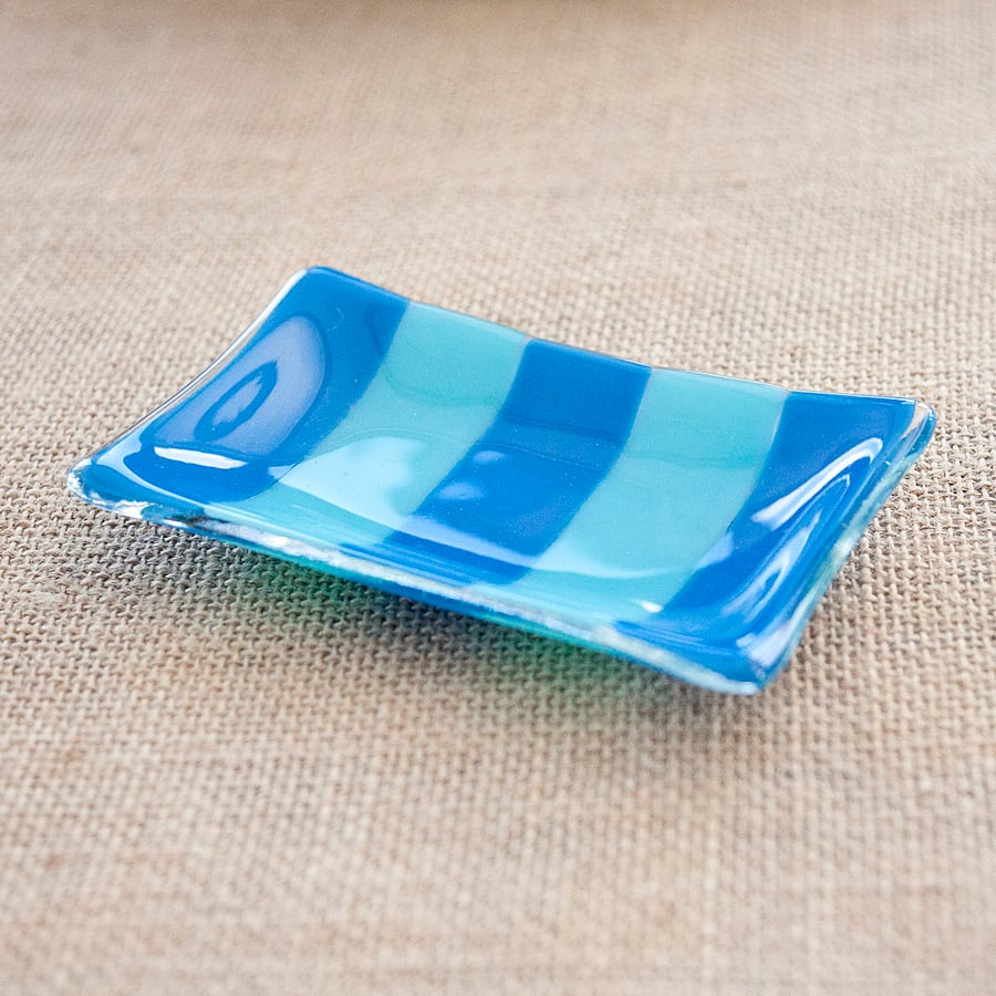 Blue Striped Small Soap Candle Trinket Dish Plate