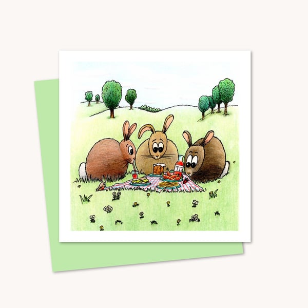 Rabbit Picnic Greeting Card: Funny Bunny Pencil Illustration (223)