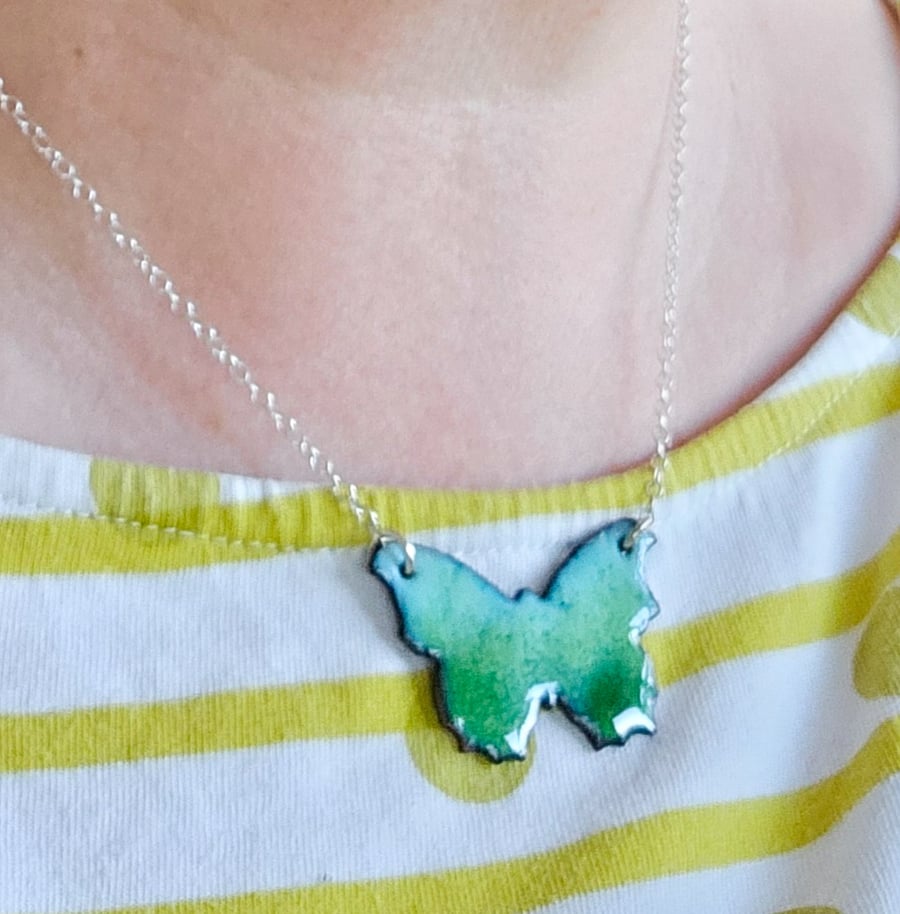 Blue and Green Enamel Butterfly Pendant