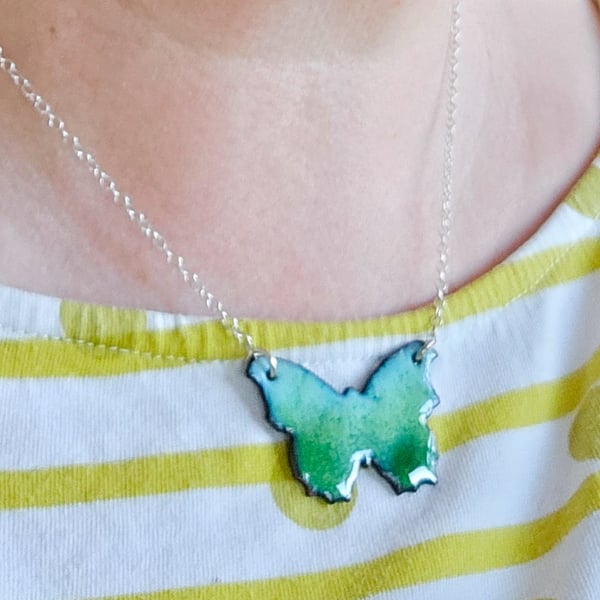 Blue and Green Enamel Butterfly Pendant