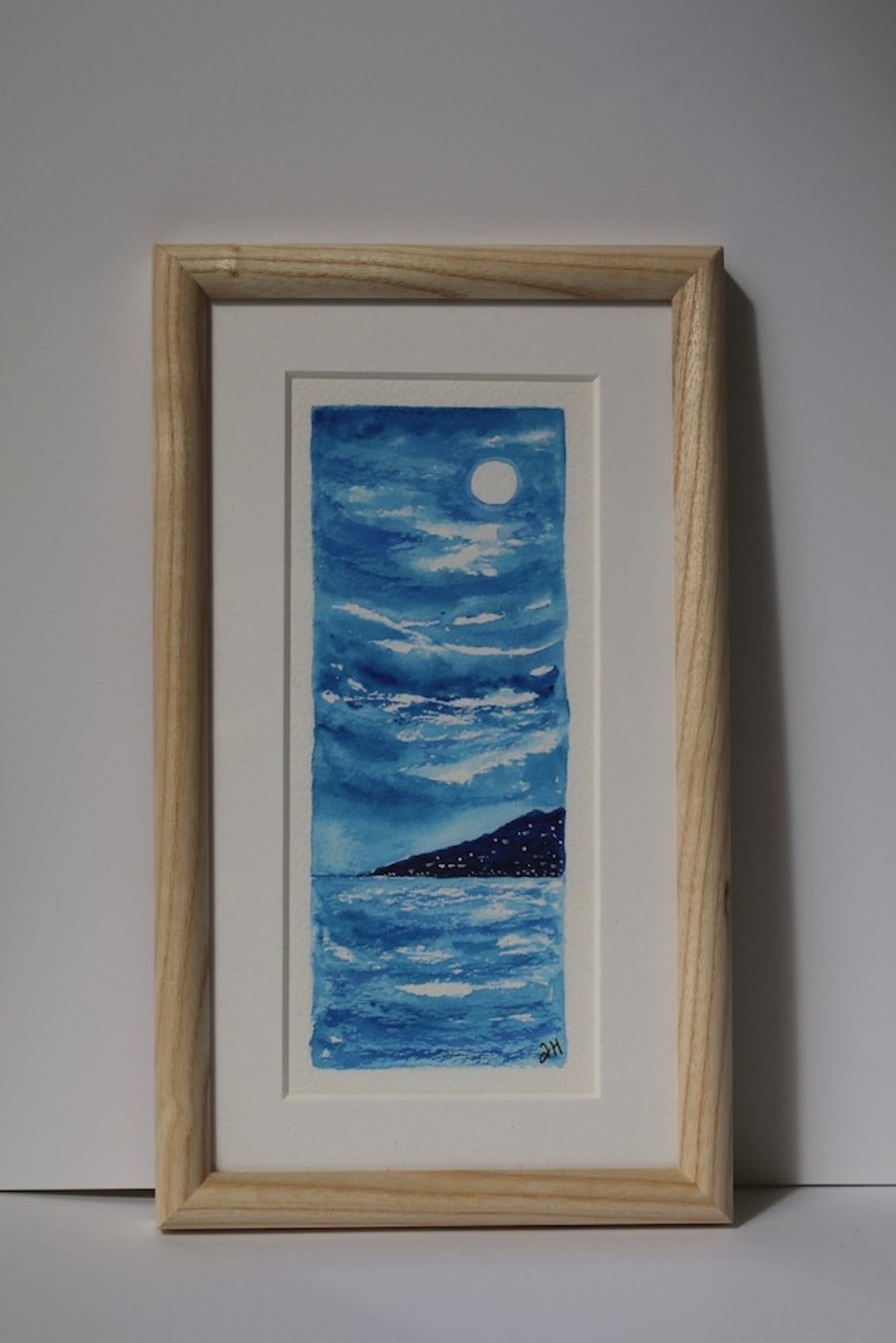 MOONLIGHT OVER THE BAY-AN ORIGINAL WATERCOLOUR PAINTING FRAMED IN ASH