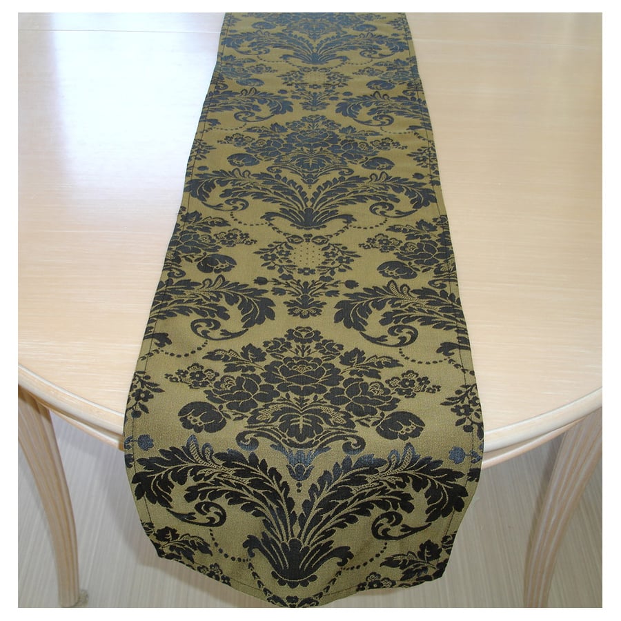6ft Table Runner Damask Dark Navy Blue and Gold Floral 72" 