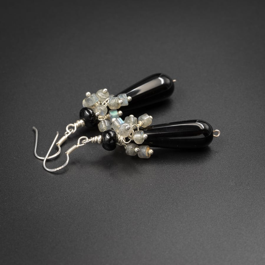 Black agate and labradorite gemstone teardrop earrings, Gemini gift
