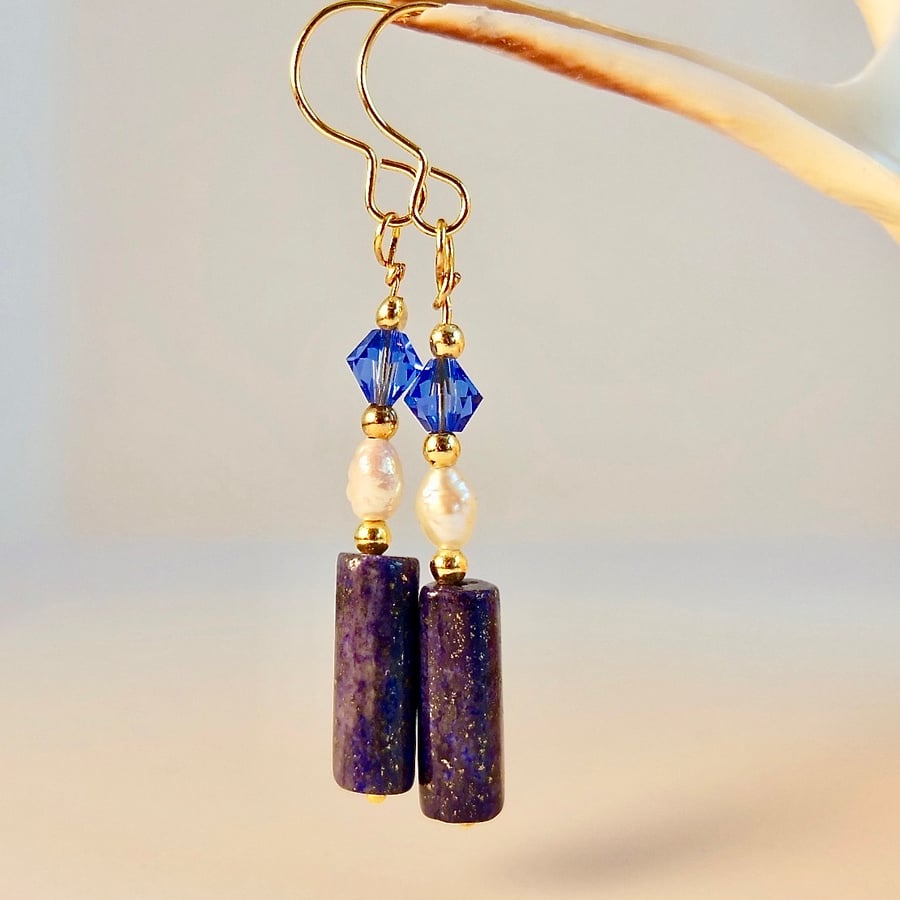 Lapis Lazuli, Freshwater Pearl And Swarovski Crystal Earrings - Free UK Delivery