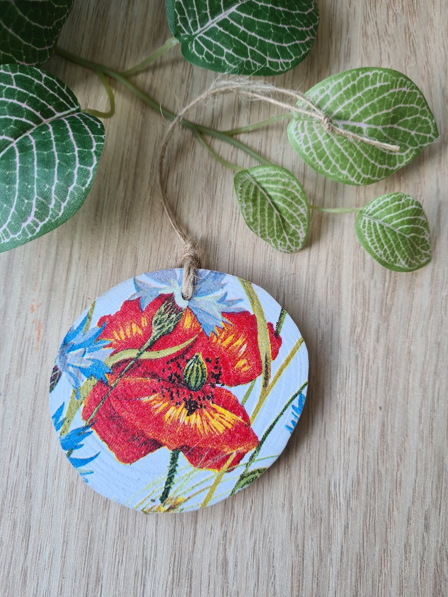 Wood slice decoration decoupage red poppy hanging decoration home decor