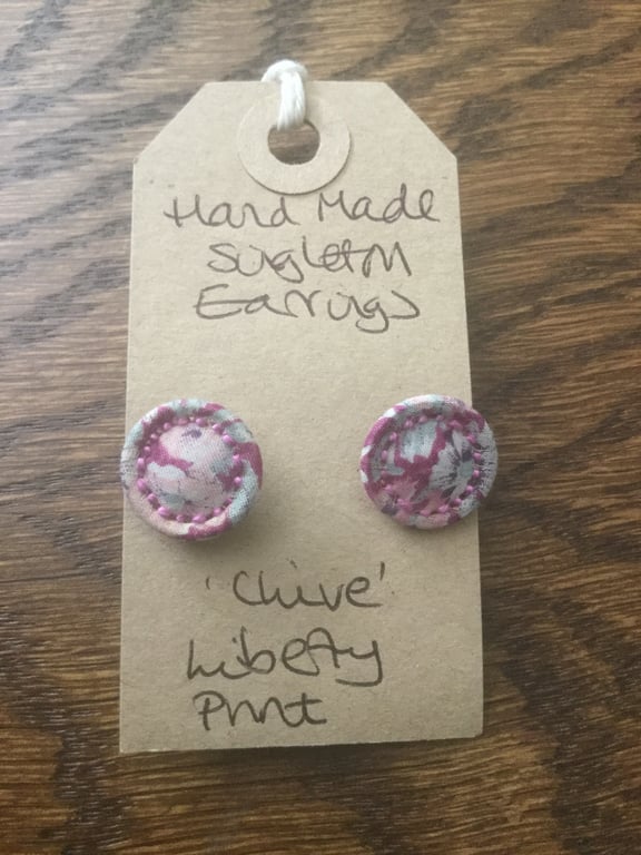 Dorset Button Earrings, Singletons with Liberty Print ‘Chive’, Pink