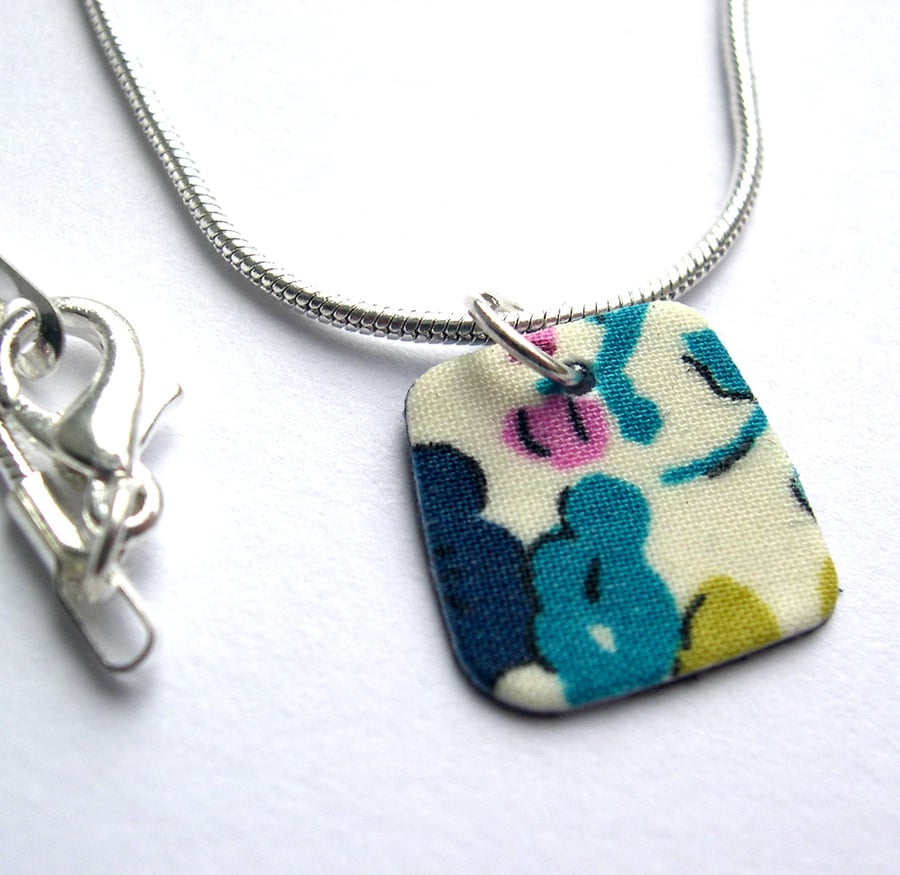 Unique Hardened Liberty of London Fabric Square Pendant  Necklace 