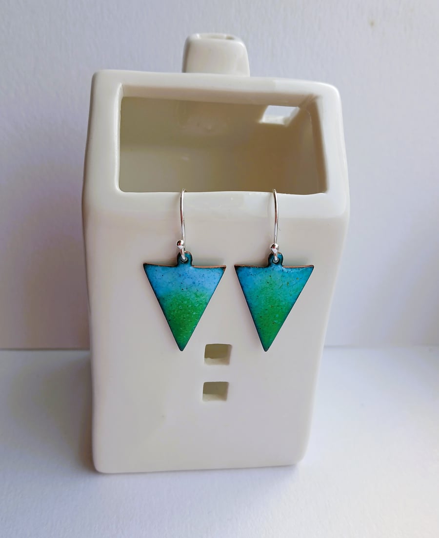  Triangle earrings in blue and green enamel on copper 292