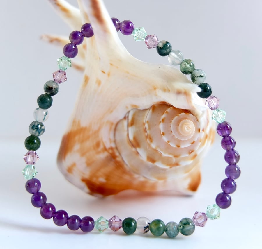 Amethyst, Swarovski Crystal And Moss Agate Bracelet - Handmade In Devon.
