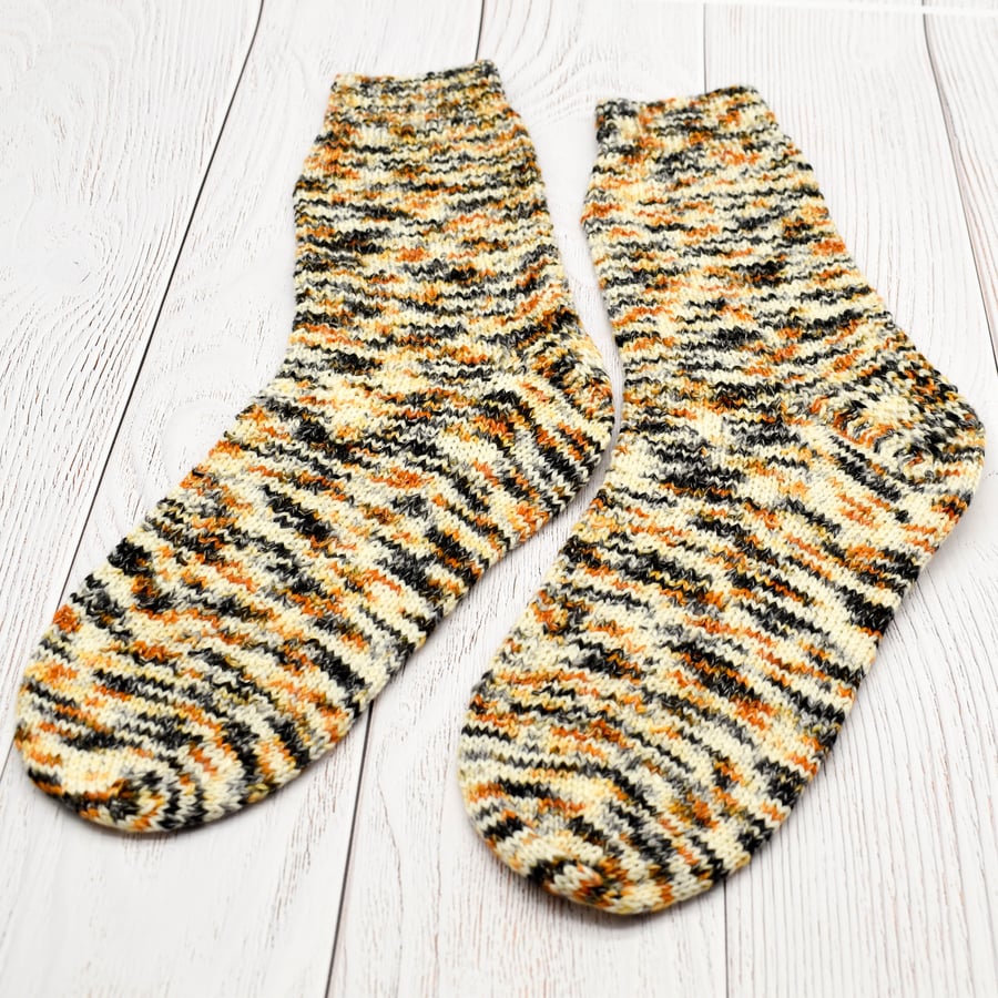 Hand Knitted socks - cream, orange and black - UK 6-9